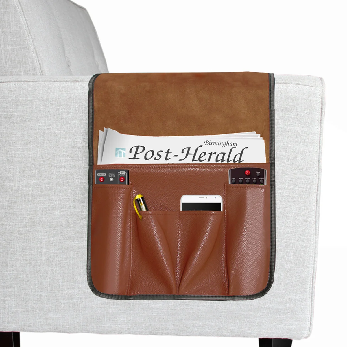 

PU Suede Fabric Sofa Armrest Storage Bag Anti-Slip Organizer 7 Pockets for Tablets Phones Remotes Snacks