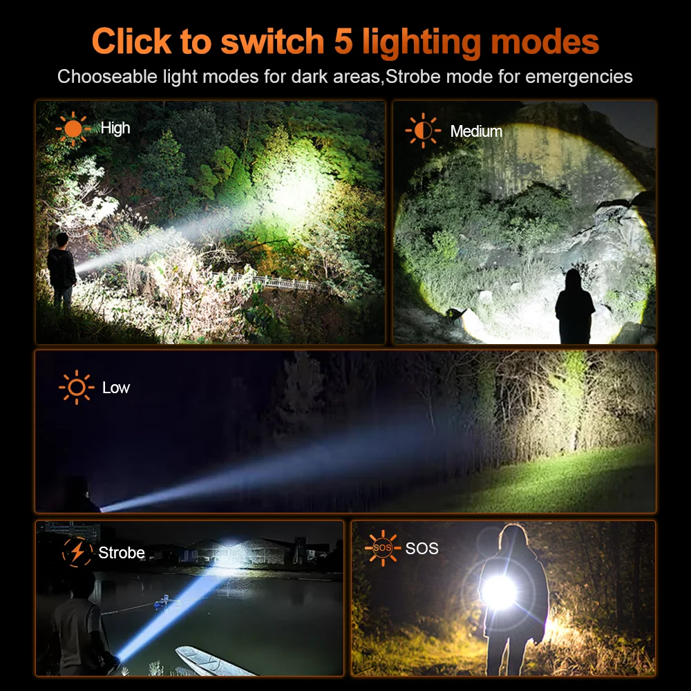 2026 Long Range LED Flashlight Strong Light Tactical Torch Type-C Charging Super Bright Lantern for Outdoor Camping Fishing