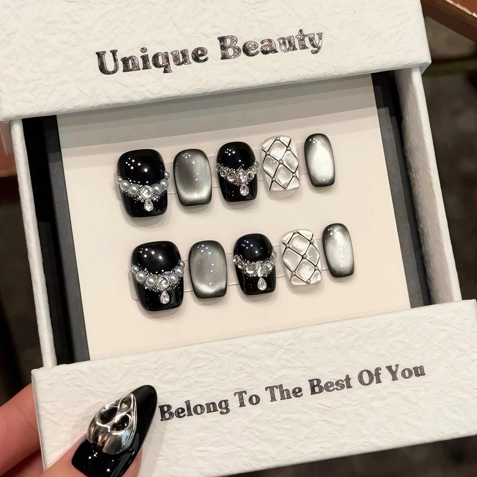Black Square False Nails With Flash Cat Eyes Reusable Long Lasting Handmade Press On Nails For Party Korean False Nail Tips