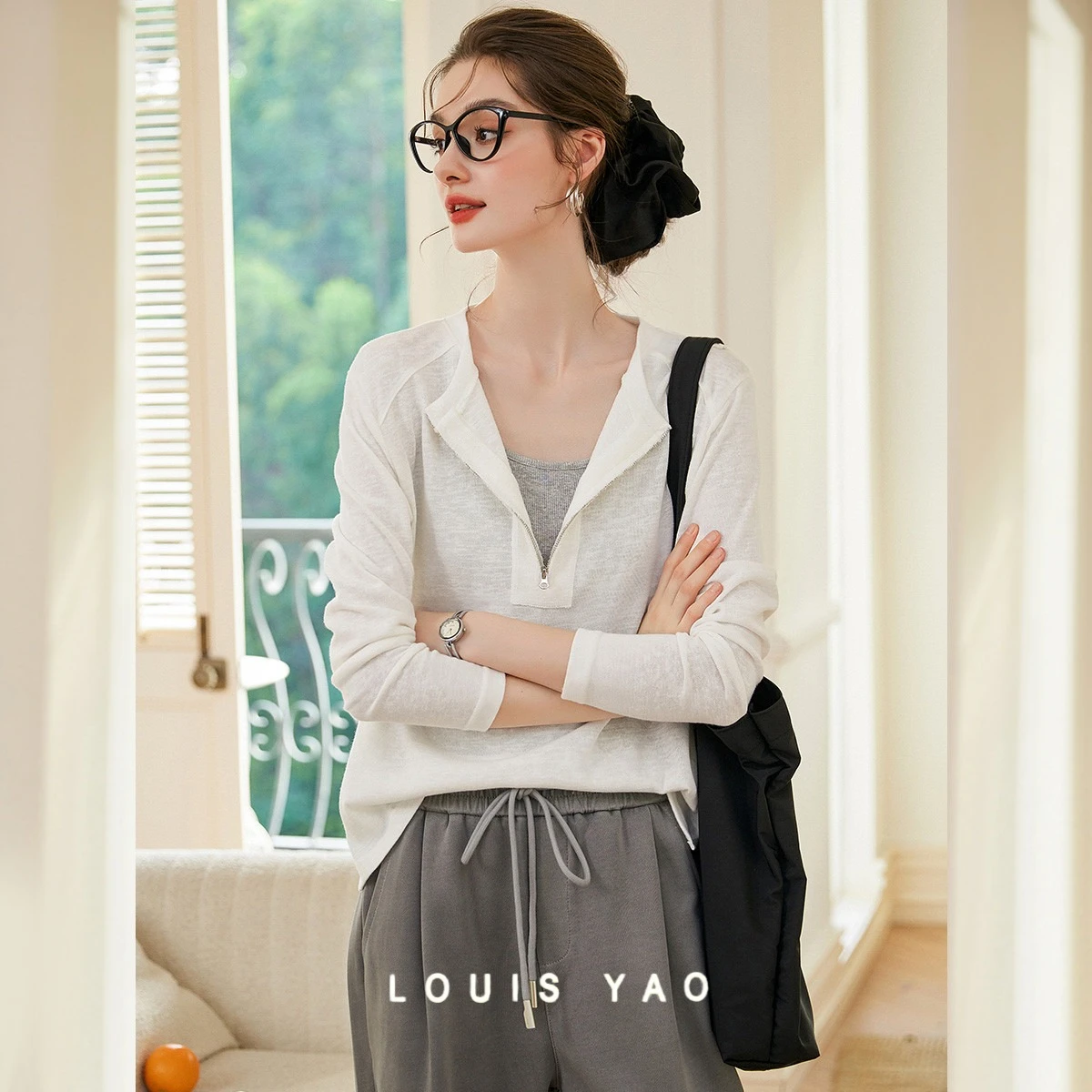 

LOUIS YAO Half-open Collar Long-sleeve T-shirt 2025 Autumn Round Neck Zipper Drop Sleeves Women's Tees Tops for Women Chic Wear