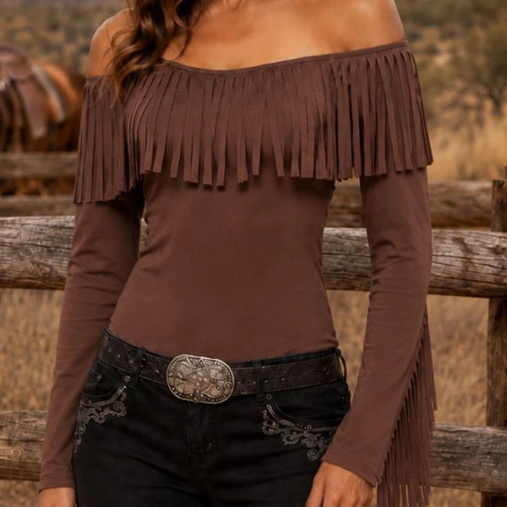 Women's Vintage Off Shoulder Fringe Long Sleeve Top Slim Fit Fringed T-Shirt Western Cowgirl Country Music Party Ladies Tee