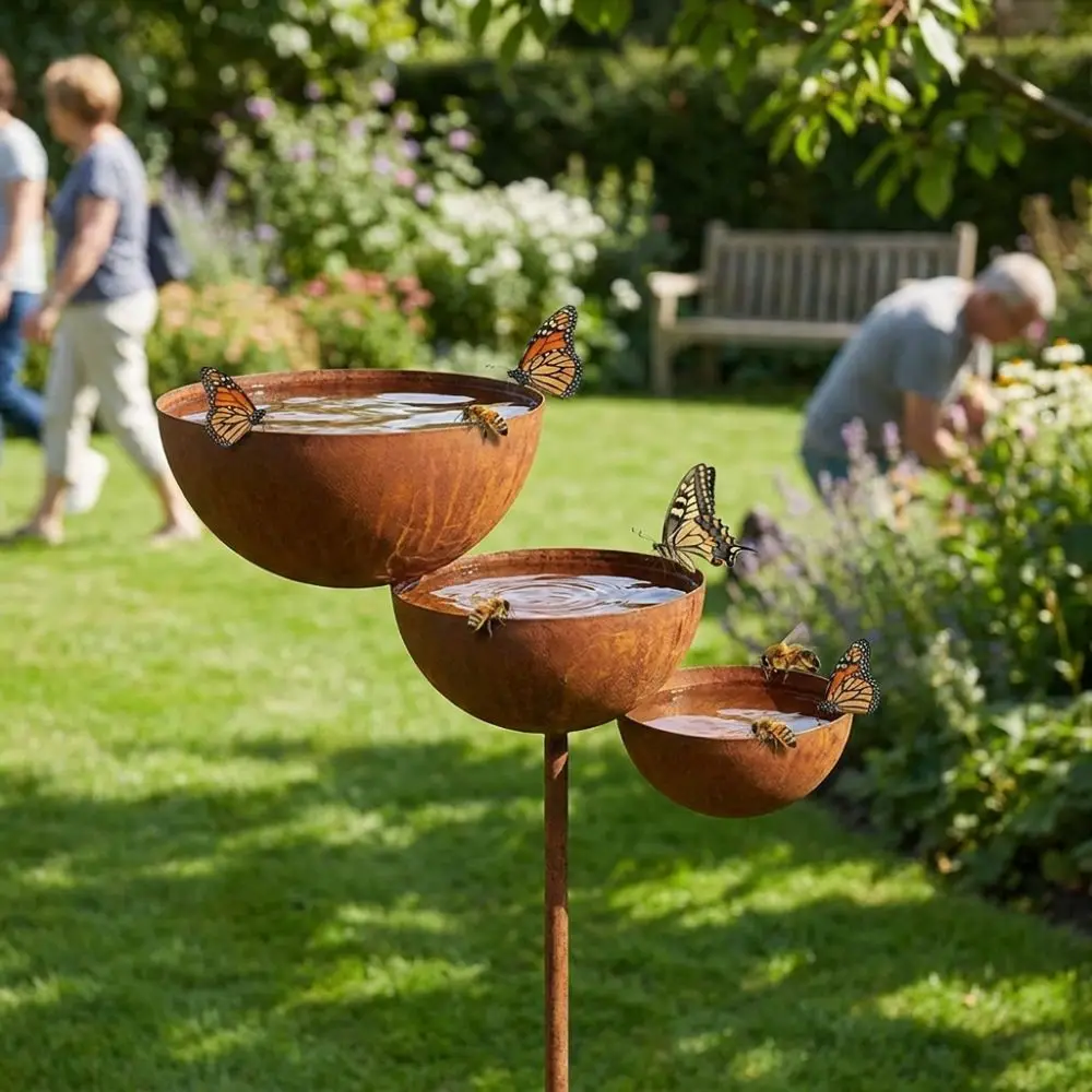 Vintage Iron 3-Tier Metal Bird Bath Rusted Ground Stakes Garden Rain Catcher Handmade Three-layer Bowl Bird Water Dispenser