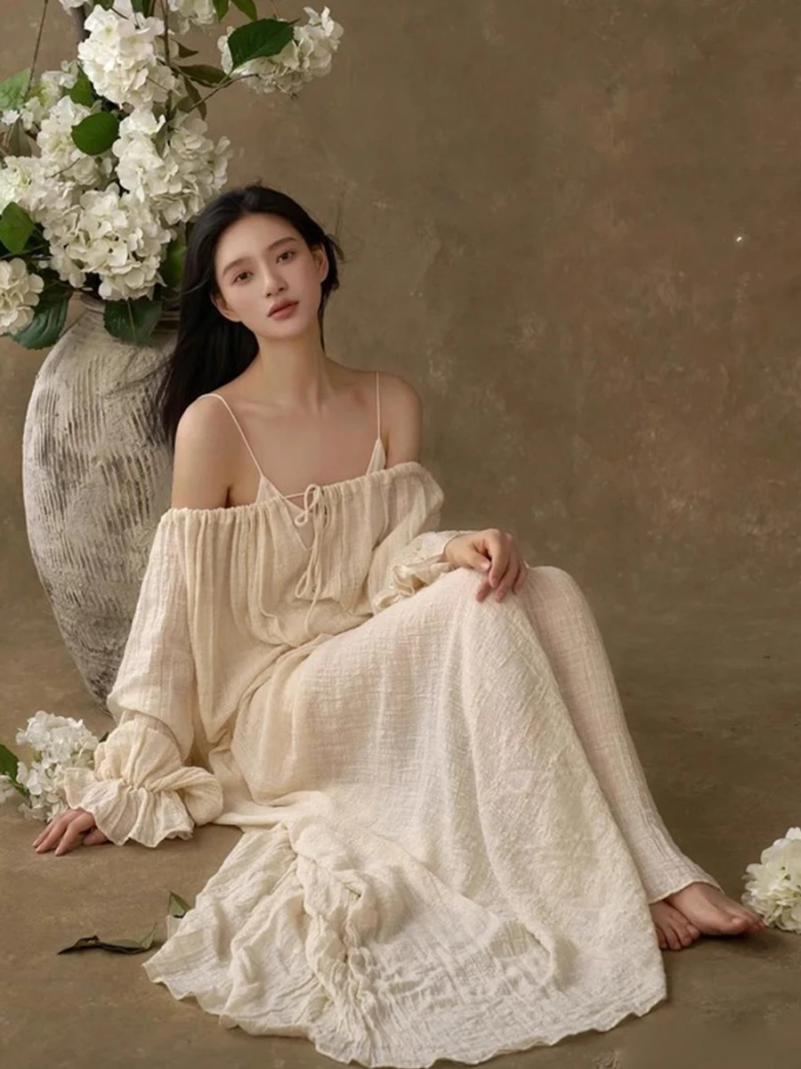 REDDACHiC Grecian Flowy Dress for Woman Linen Puff Sleeve Drawstring Solid Maxi Long Loose Sundress Boho Holiday Lounge Clothes