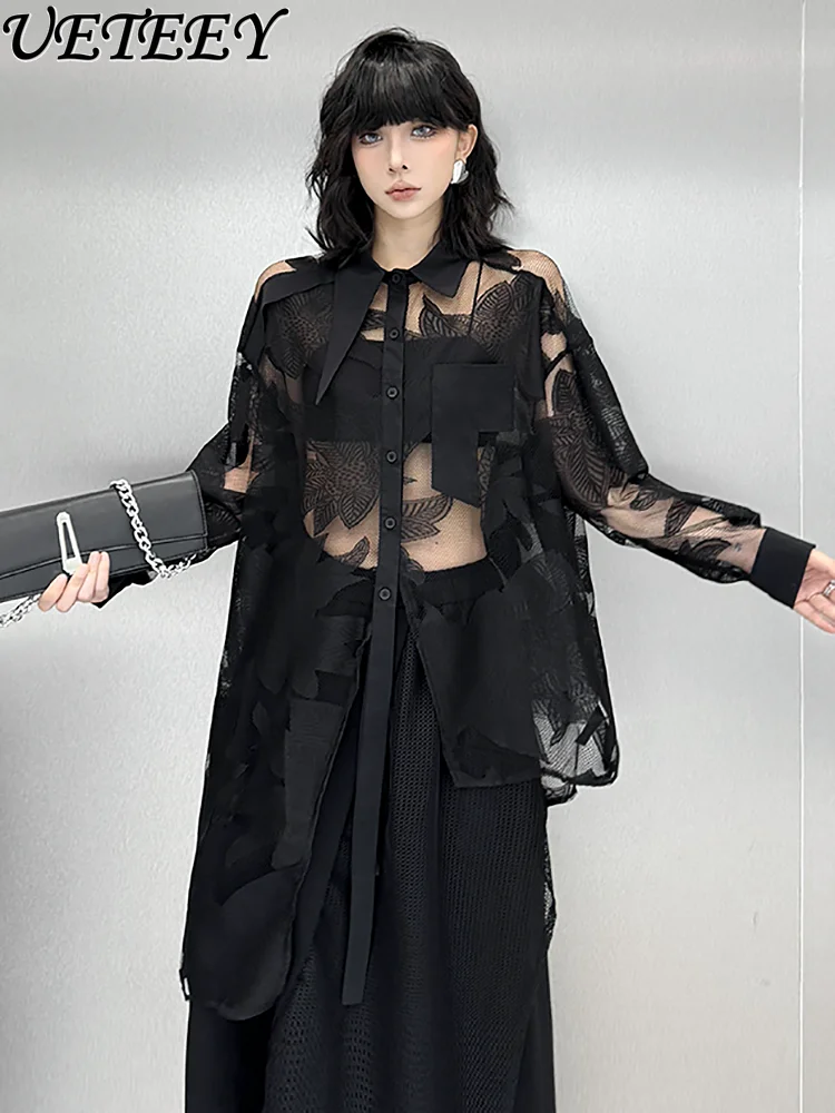 

Niche Design Sense Irregular Perspective Lace Shirts 2025 Summer New Loose Personality Sunscreen Shirt Women Long Black Blouse