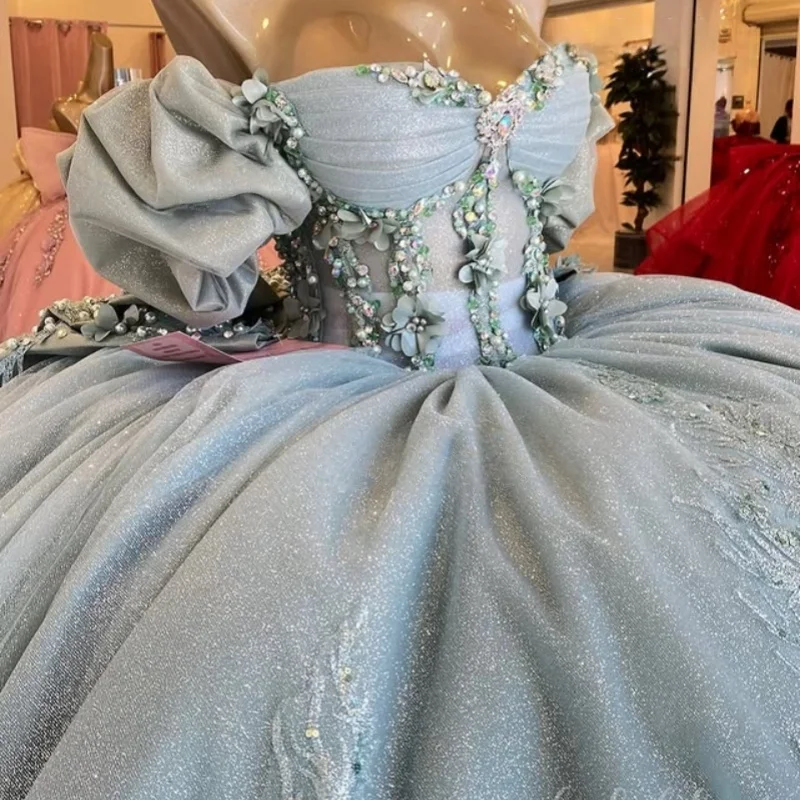 

Customized Shiny sky blue Quinceanera Dresses Off the Shoulder sequin applique flower Tull Long tail Bow Vestido 15 Quinceanera