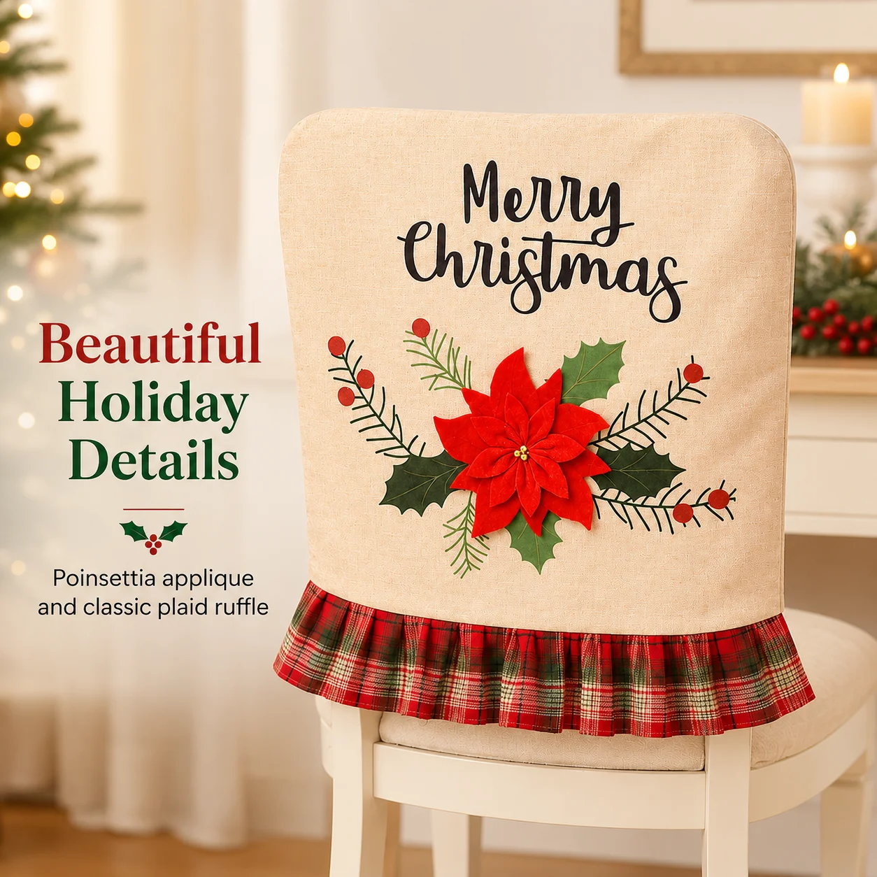 Christmas chair cover with magenta checkered ruffles, Merry Christmas linen dining chair cover, Christmas table decoration