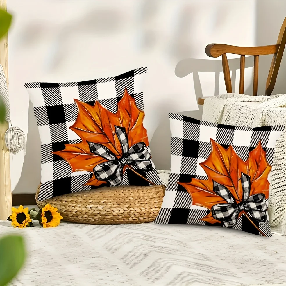 2pcs 2D FLAT Fall Thanksgiving Pumpkin Maple Leaf Throw Pillow Covers Farmhouse Pillow Cover Soft Home Decorative Cushion Case