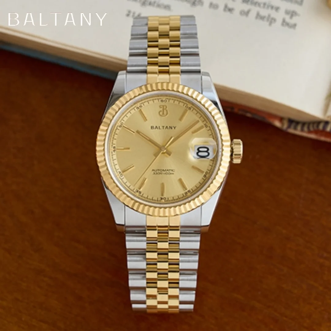 Baltany الفاخرة الرجعية ساعة ميكانيكية أوتوماتيكية للرجال 36 مللي متر NH35 التقويم الياقوت كريستال مقاوم للماء 10Atm مضيئة ساعة اليد