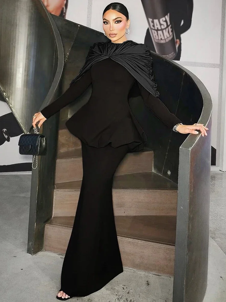 

Ruched Elegant 2 Piece Set Woman o-Neck Full Sleeve Ruffles T-Shirts+A-Line Solid Long Skirts Street Fashion Classic Suits