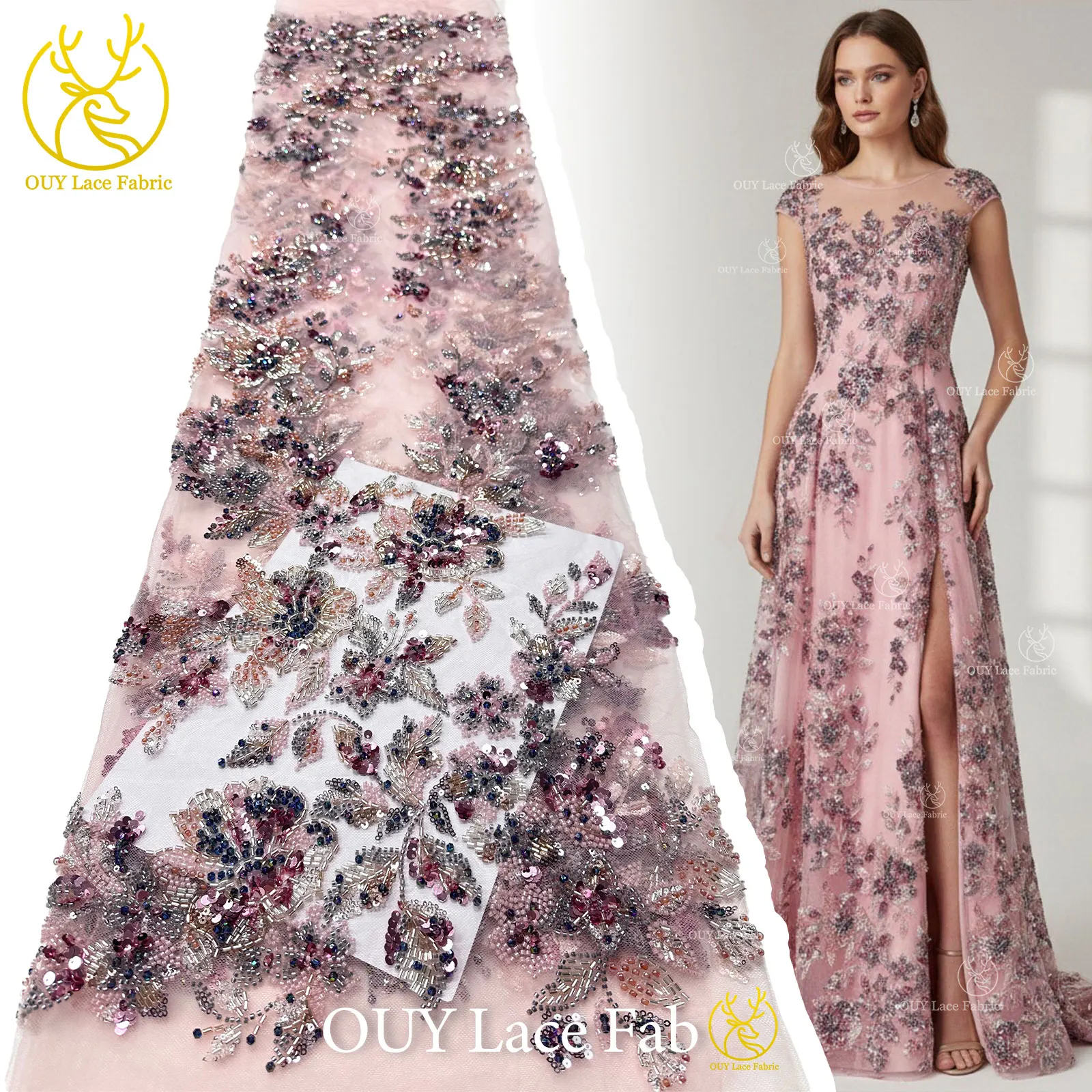 

Elegant New Design Nigerian Handmade Heavy Beaded Lace Fabric Luxury African French Sequins Lace For Women Party Dress Sewing