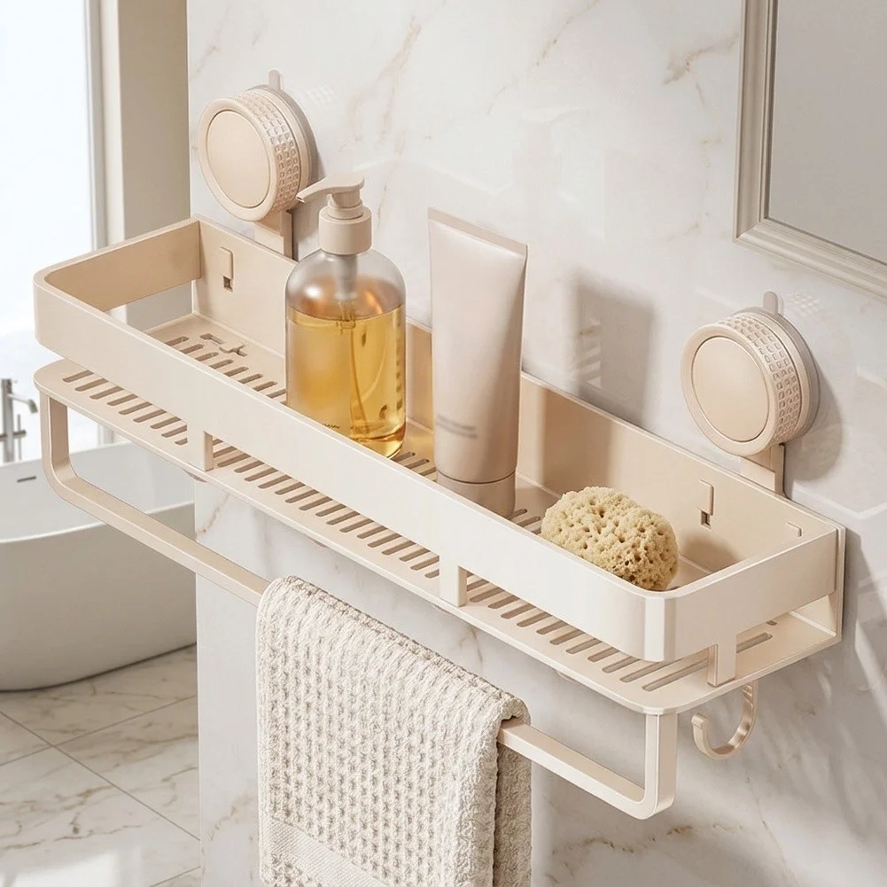 Modern Cream Shower Storage Rack with Strong Hold Suction Cups for Smooth Walls 40cm Carbon Steel Bathroom Shelf