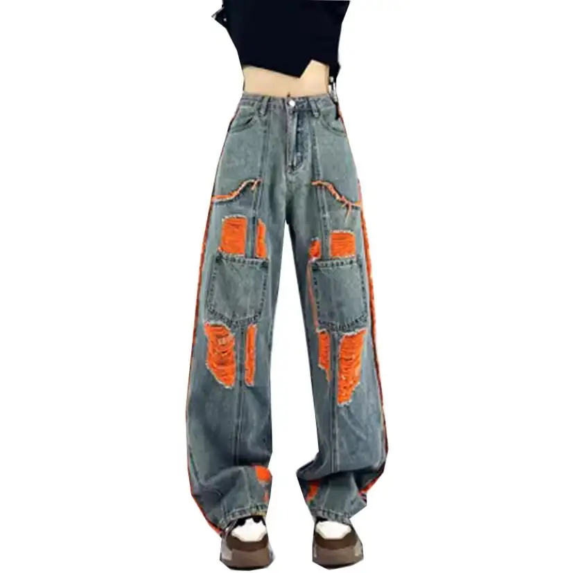 

Splicing Color Ripped Straight Jeans Women Spring Summer High Waist Streetwear Hip-Hop Loose Wide Leg Denim Pants s613