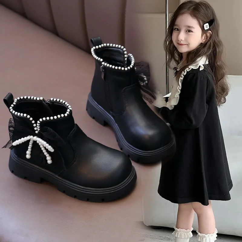

Princess Style Kids Leather Ankle Boots with Beaded Bow Soft Sole for Girls Autumn New 2025 Classic Christmas Party Footwear
