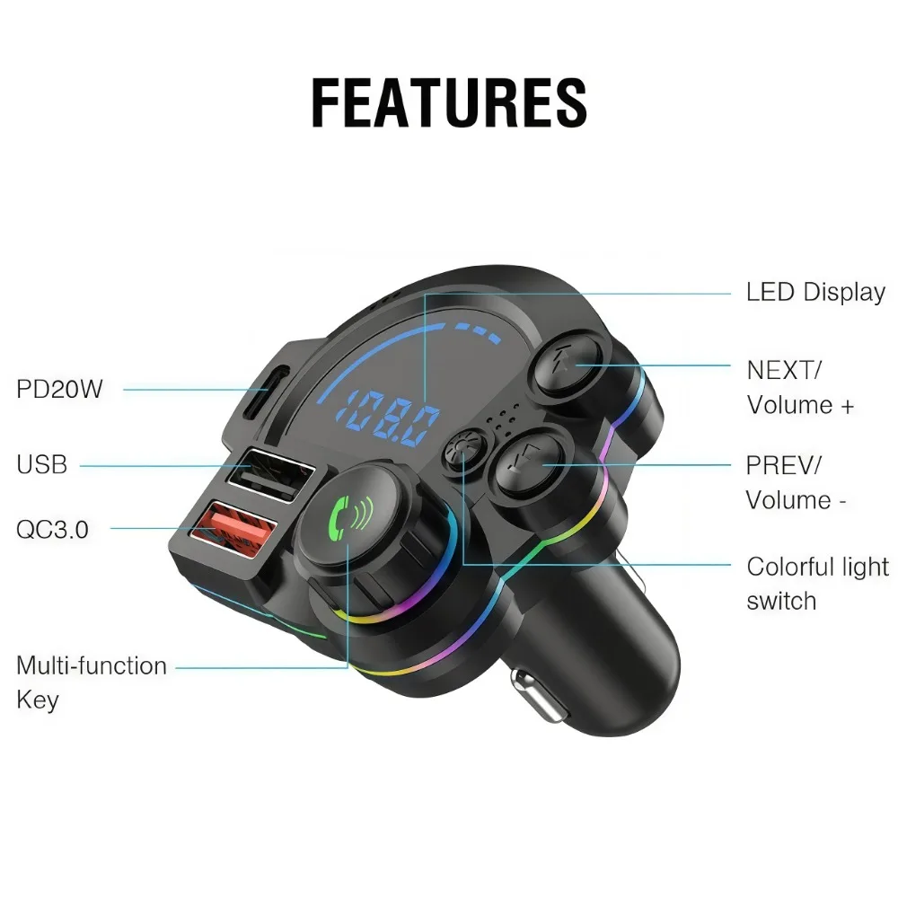 Universal Dual-Port Car FM Bluetooth Transmitter, Bluetooth Car Adapter, Dual Port Fast Charging,Hands-Free Calling,Music Player