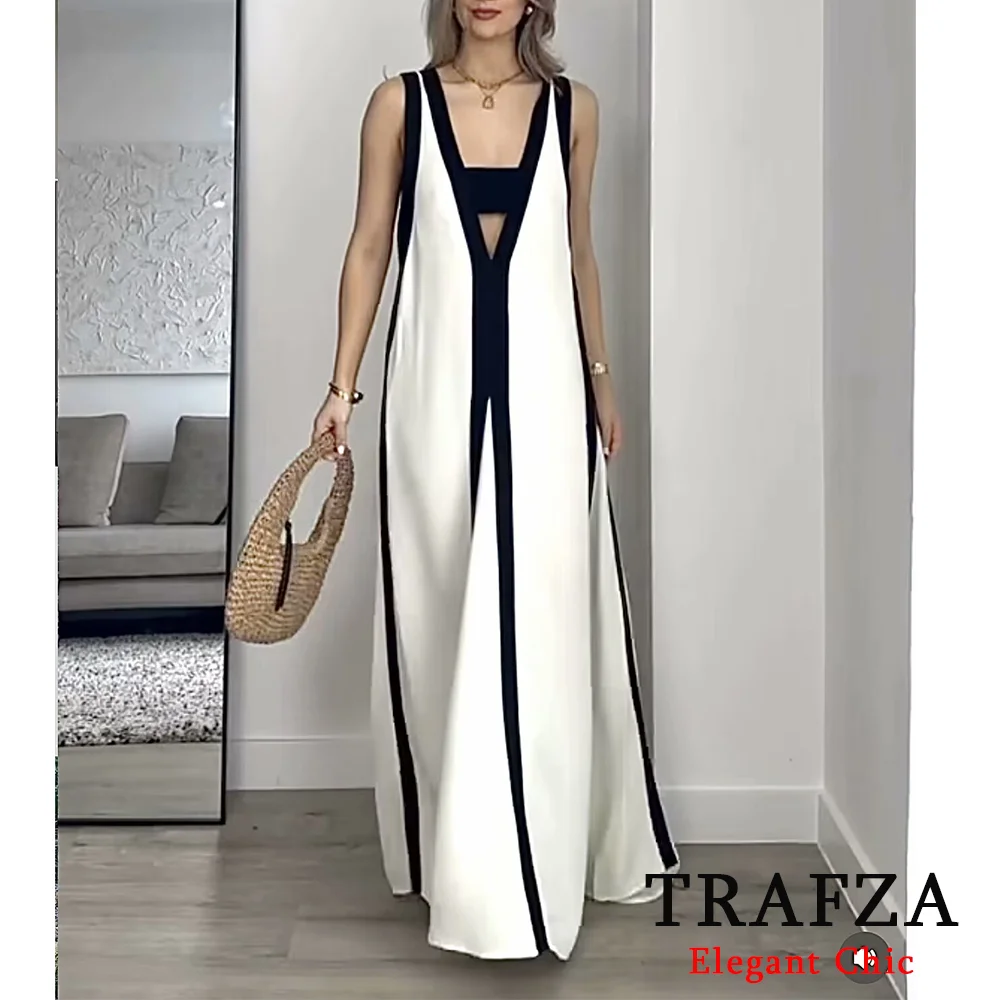 TRAFZA Elegant Casual Colour Block Dress Women's V-neck Loose-Fitting Dress New 2024 Summer Fasion Vacation Beach Date Dress