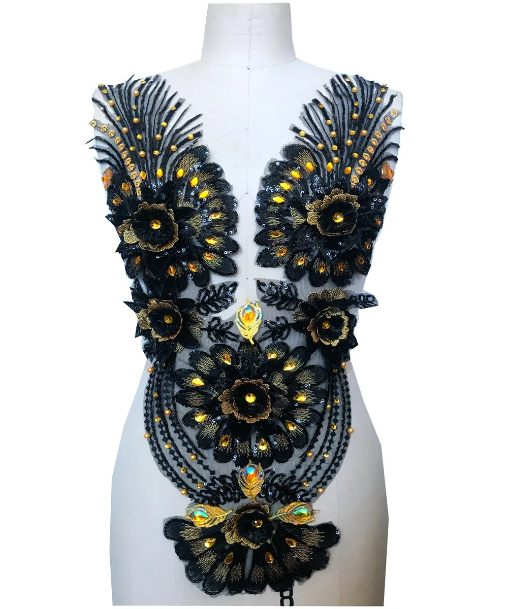 

5 Colors Beadwork DIY Bridal Trims Embellishments Hand-Sewn Rhinestone Sequined Deep V Neck 3D Flower Appliqued Accessories