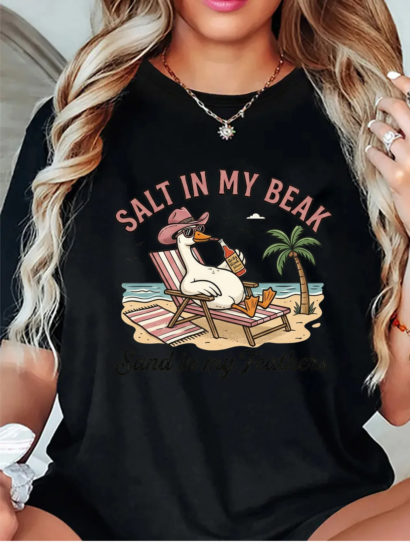 Beach Duck Salt In My Beak Sand In My Feathers Palm Tree Graphic Womens T Shirt Short Sleeve Crew Neck Casual Ladies Tee Tops