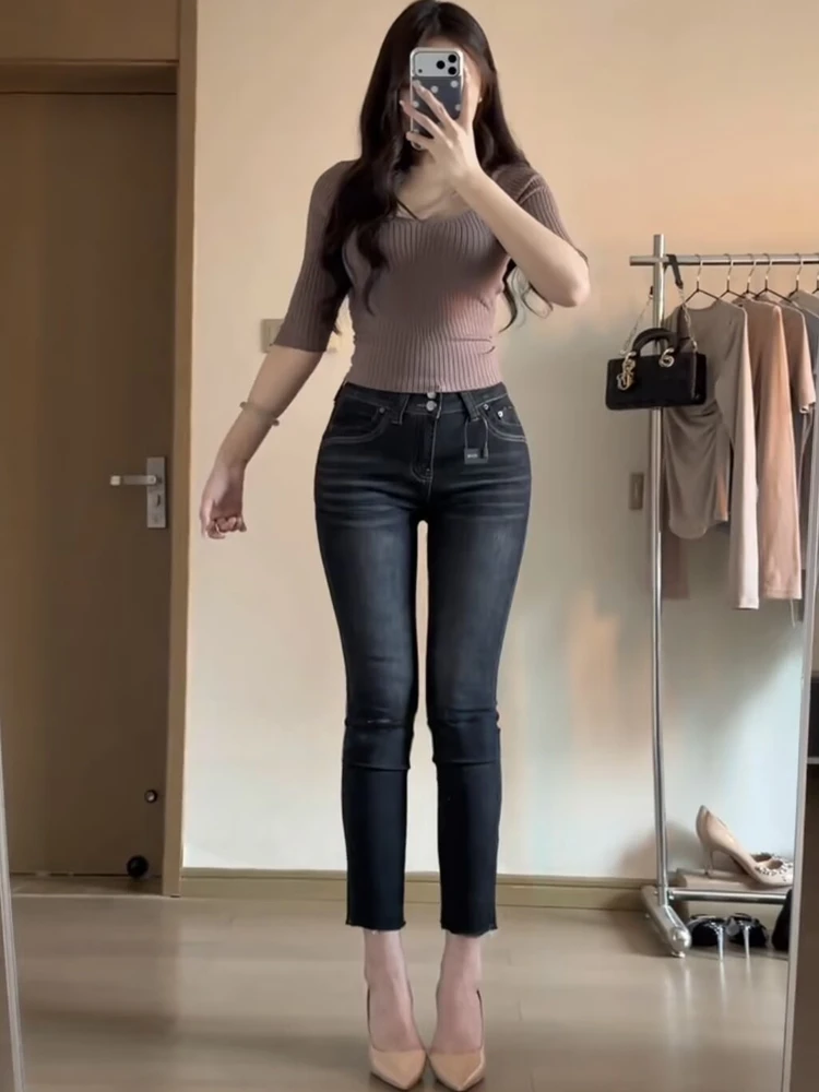 

American Sle Sexy Bla Slim Fit Jeans High Waist Double Bule Elastic Cotton Denim Embroidery Design Thinming Nine Points