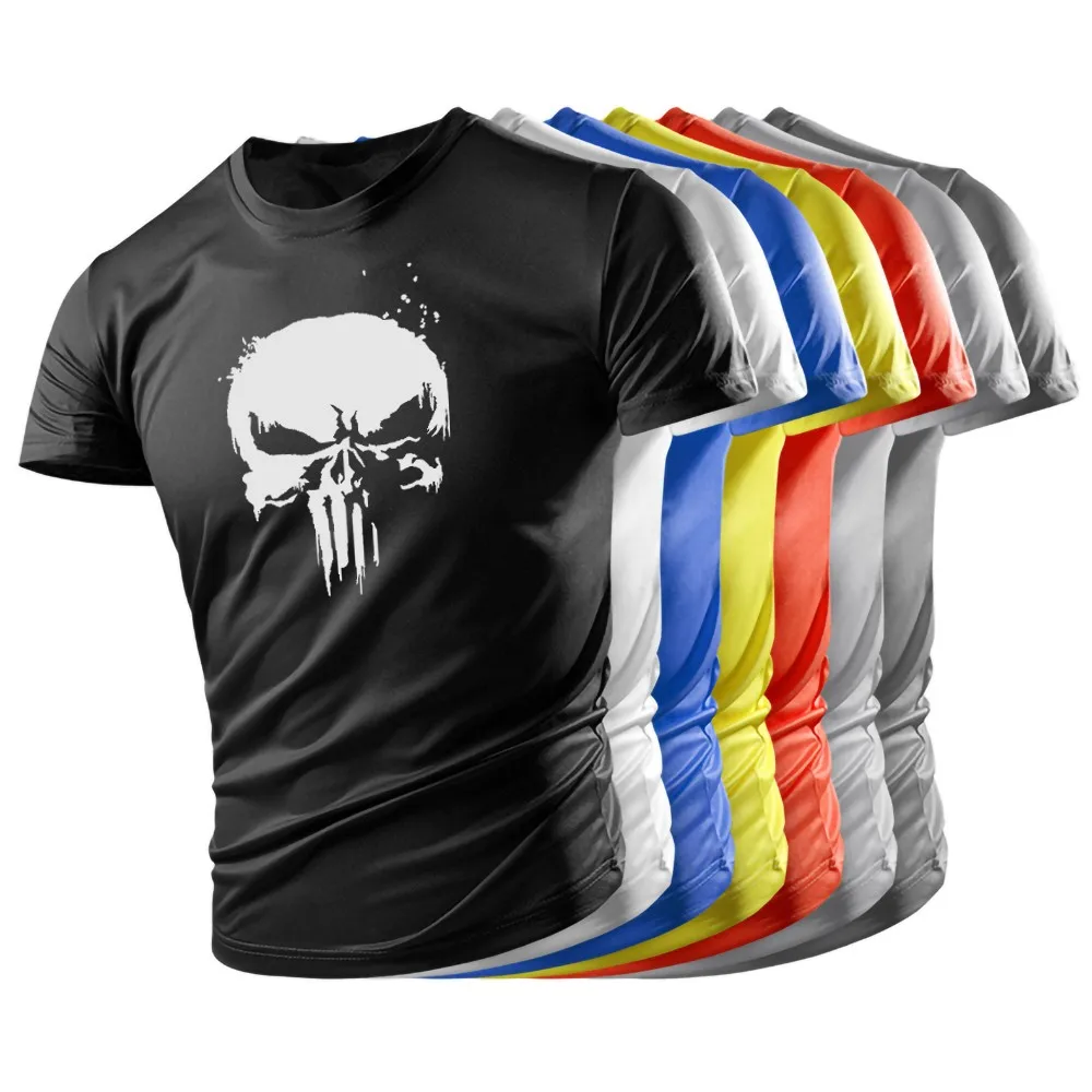 New Handsome Skull Pattern Muscular Men T-shirt Sports Tough Guy Style Outdoor Light And Thin Summer Breathable Stretch Top