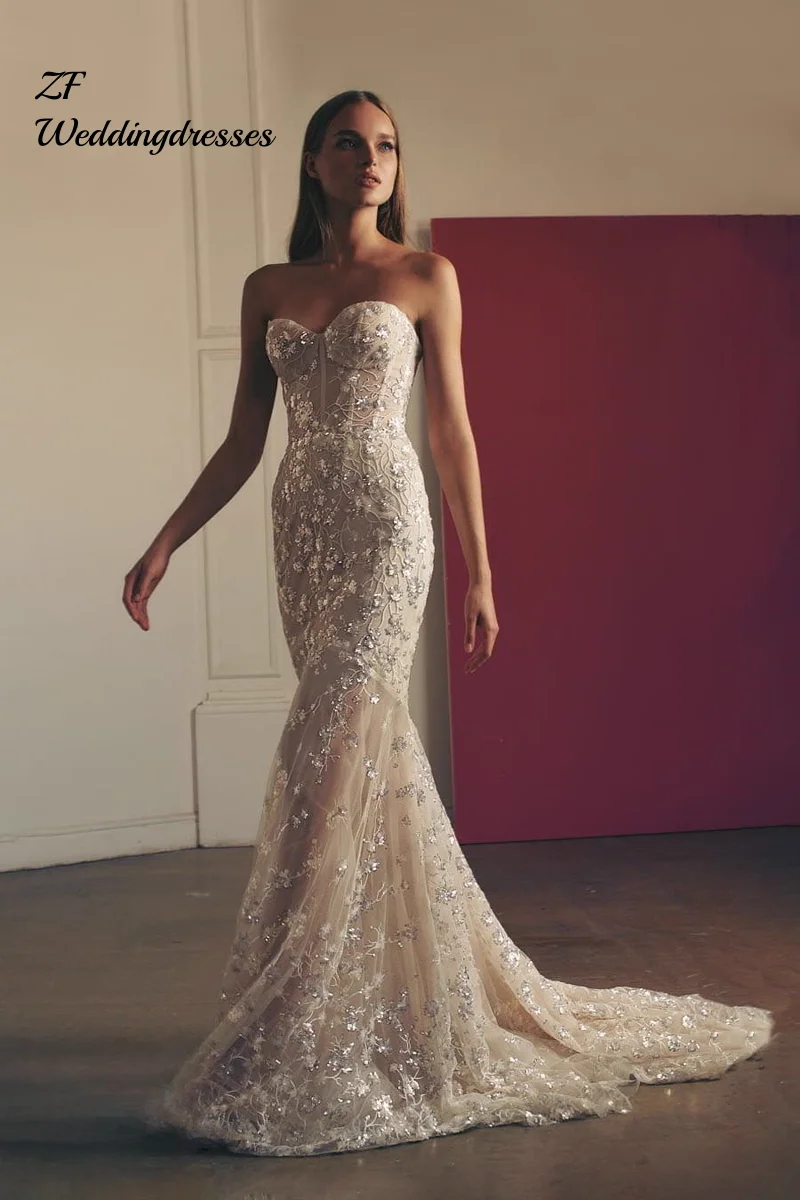 فستان زفاف ذيل السمكة من الصناعة الثقيلة الفرنسية الفاخرة المخصصة، نمط جديد من فستان الزفاف الراقية للعرائس لترحيب الرجال