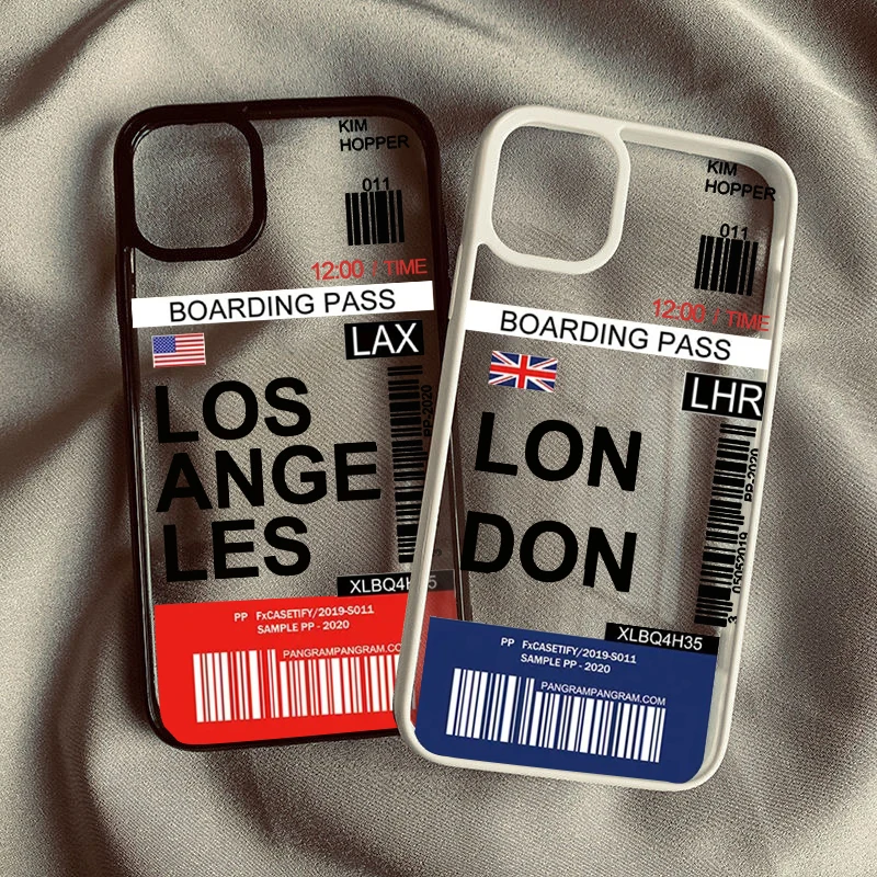 Hot Ticket Travel Label Los Angeles Seoul London Phone Case For iPhone 16 14 Pro Max 15 13 11 12 XR 7 8Plus Clear Hard Cover Bag