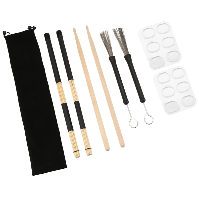 Drum Sticks Set,5A Wood Drum Sticks,Drum Rods Brushes,Retractable Drum Wire Brushes,Drum Dampeners ,For Kids Adults