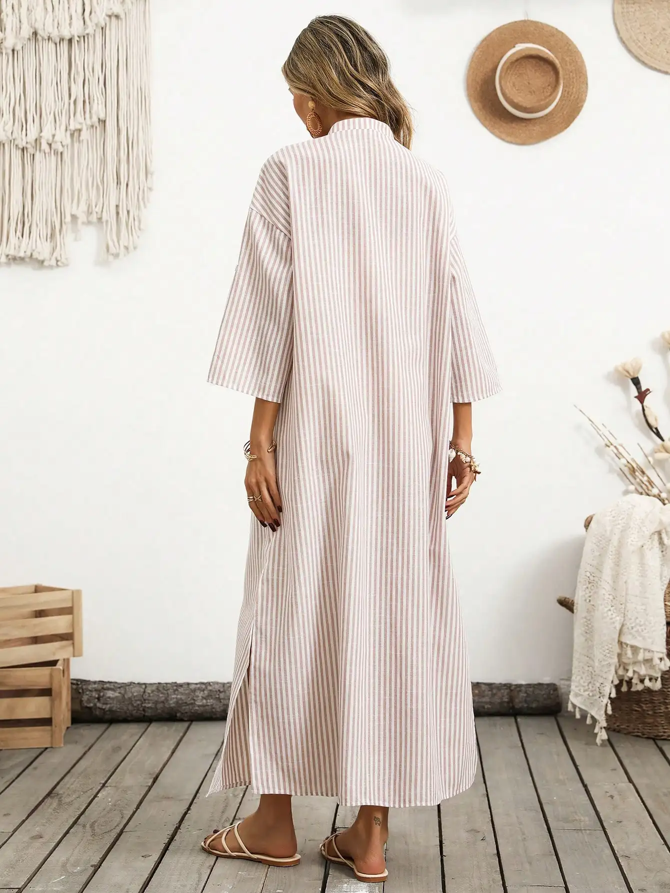 

Женское летнее повседневное бохо-платье свободного кроя в полоску, хлопковое, с V-образным вырезом, длинное макси-платье