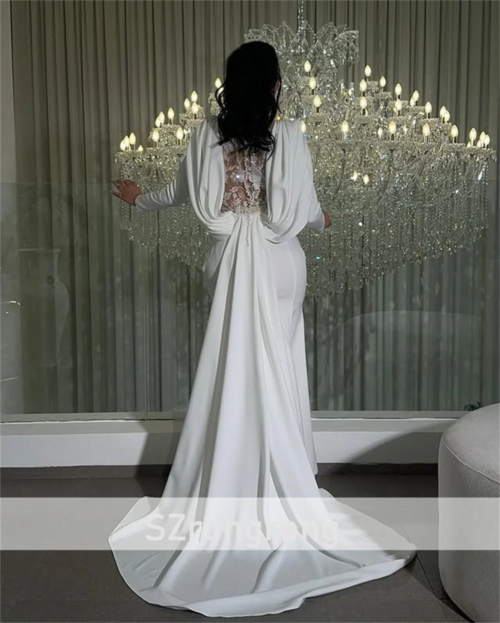 Vestido de noche Formal de manga larga de satén con cuello cuadrado modesto, vestido largo saudí con espalda de ilusión y corte hecho a medida