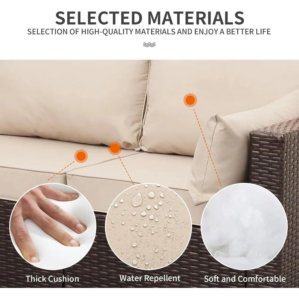 3-местный уличный коричневый диван из ротанга с глубокими сидениями, полиэтиленовый плетеный, нескользящая бежевая подушка для мебели для патио