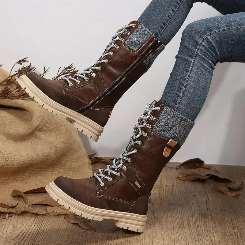 

2024 Women Winter Buckle Knitted Mid-calf Boots New Low Heel Round Toe Boots Top Quality Winter Warm Boots