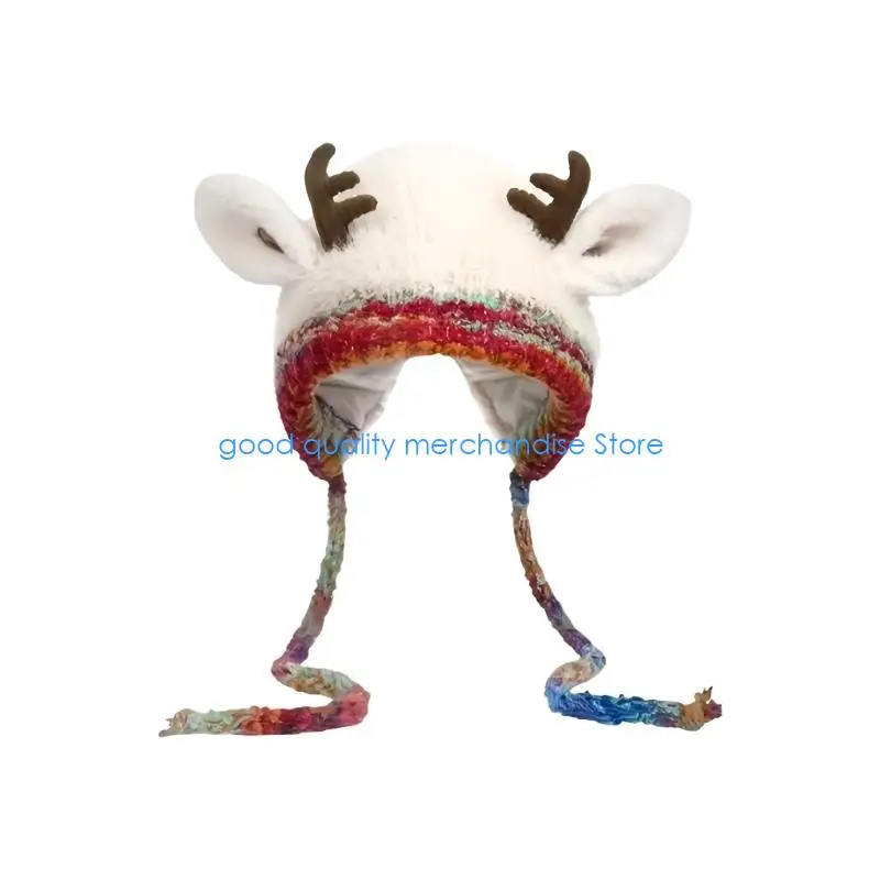 Gorro punto navideño cálido Y5JD, diseño orejas reno para aventuras aire libre, tallas para niños y adultos