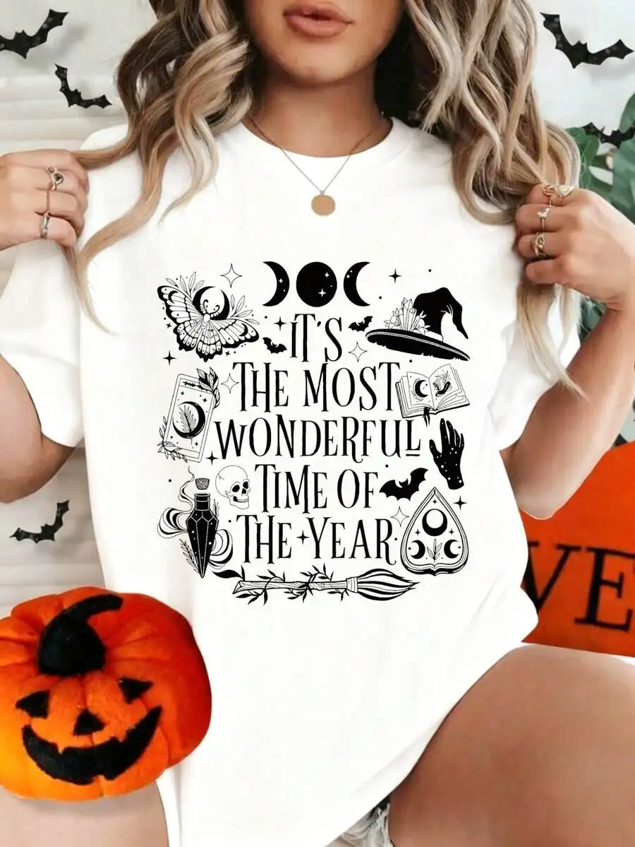 Women's Halloween Moon Witch Hat Bat Skull Broomstick Print Holiday Party Daily Wear Casual Short Sleeve Crew Neck Graphic T‑Shirt Tee Top