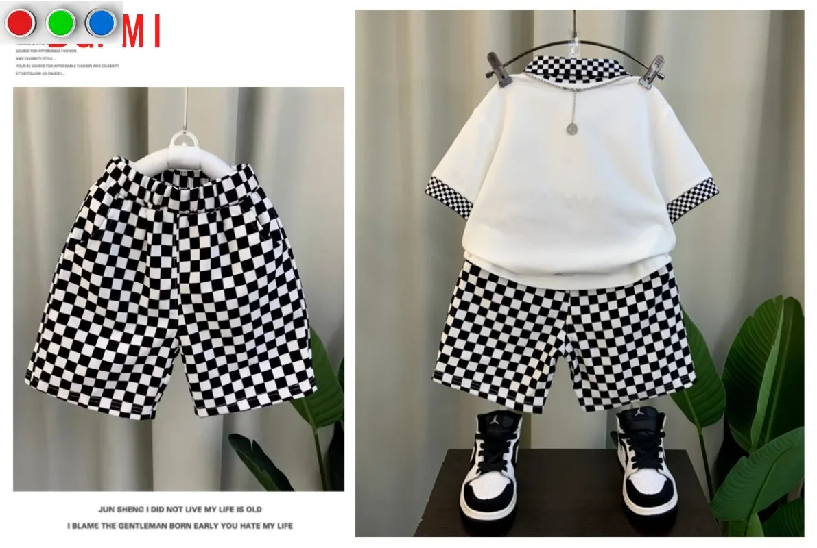 Korean Teenage Boy Summer Plaid Kids Suit Baby Children New Polo Set Thin Short Sleeves Patchwork Shirt +Shorts 2 Pc Casual Suit