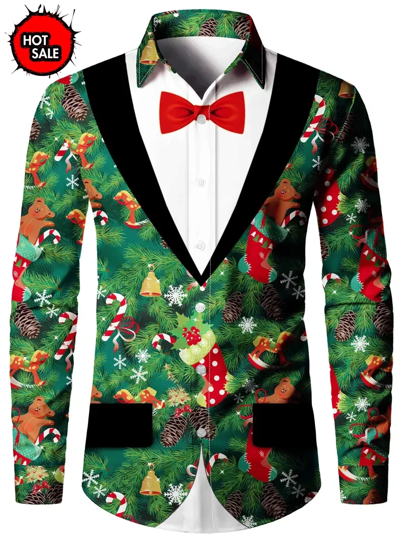 Men Fashion Long Sleeve Shirt Xmas Bow Tie Gingerbread Stocking Graphic Print New Year Party Festival Top