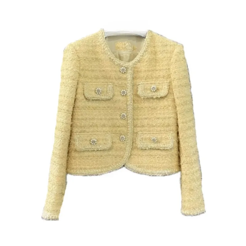 Single-Breasted Tweed Cardigan for Women, Short Jacket, Shiny Crew Neck, Pearl Diamond, Cream Yellow, 2024