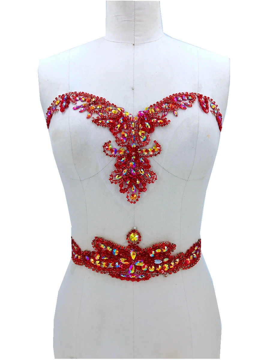 handmade  sew on red rhinestones applique on mesh  crystals trim patches 34*20cm&30*9cm for dress DIY   accessories