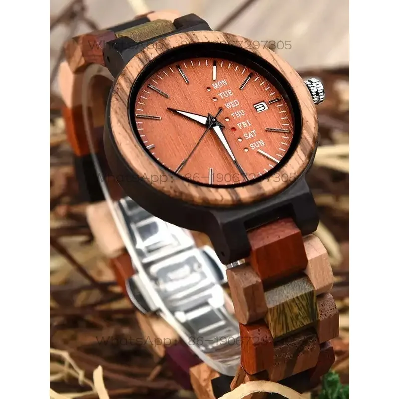 Retro simple men's and women's quartz watches with calendar week couple watches ins wind niche gifts wooden watches
