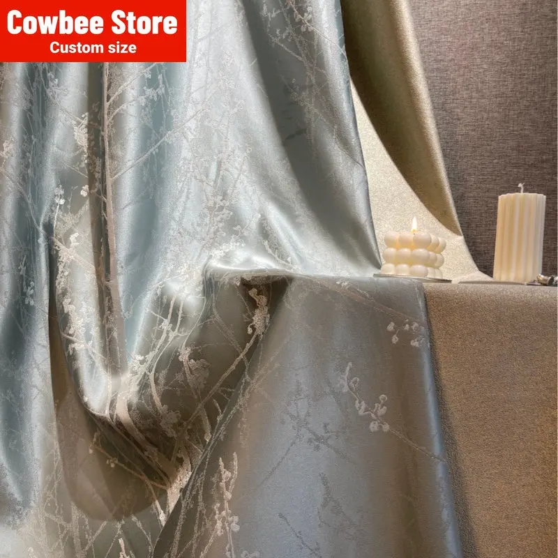 

New French style high-precision leaf jacquard crystal blue light luxury curtains Curtains for Living dining room bedroom