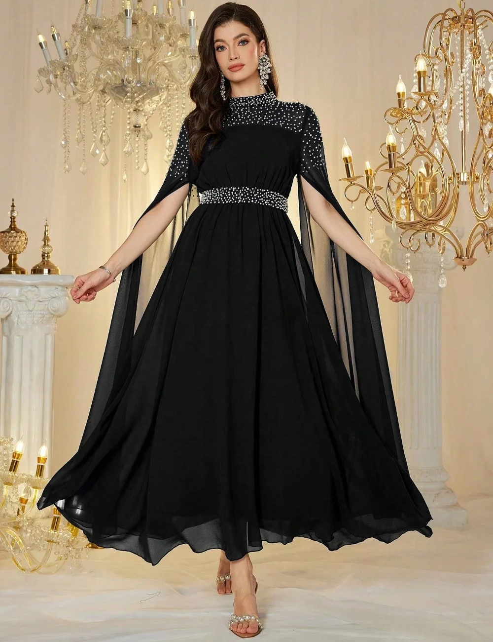 

Customized Simple Chiffon Pleat Pearl A-line High Collar Midi Dresses Bespoke Occasion Evening Elegant Formal