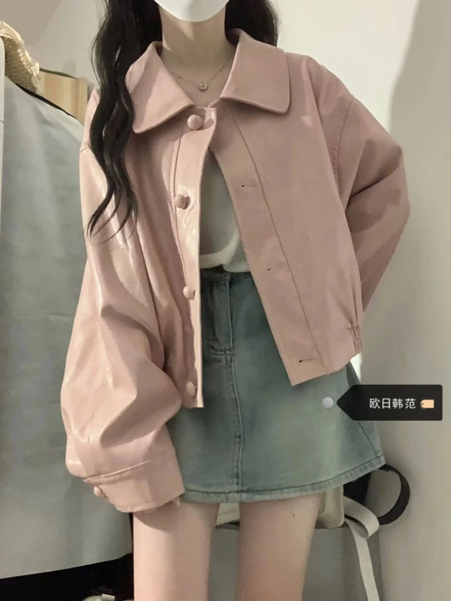 Korean Single Breasted Pink PU Leather Coat Women's Spring Autumn Retro Loose Design Versatile Jacket Top Large Size S-4XL