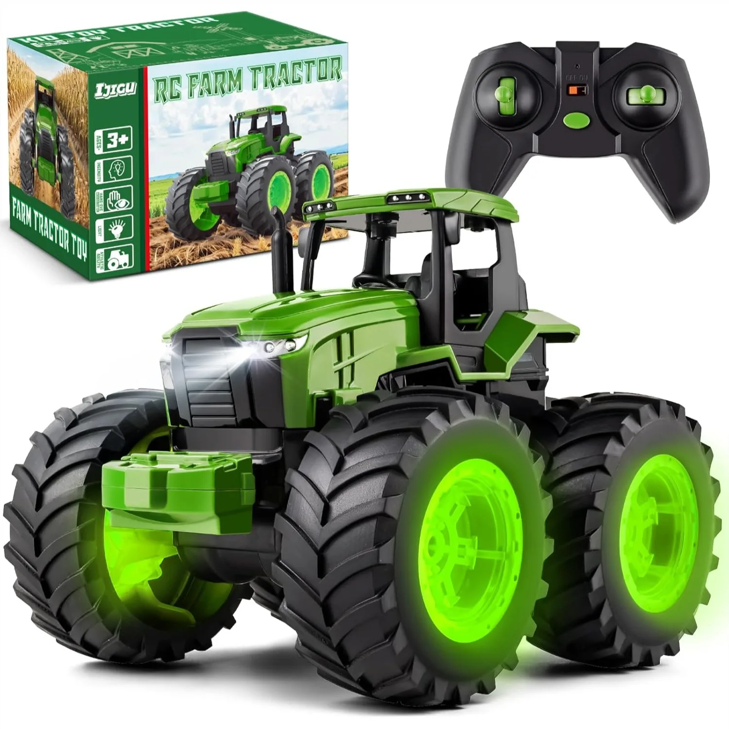 

Remote Control Tractor Toys For Boys 3-7 Year Old, 2.4Ghz RC Monster Truck With Light Up Wheels, 6 Direction 360 Rotation, Rechargeable Battery, Farm Truck Gifts For Kids
