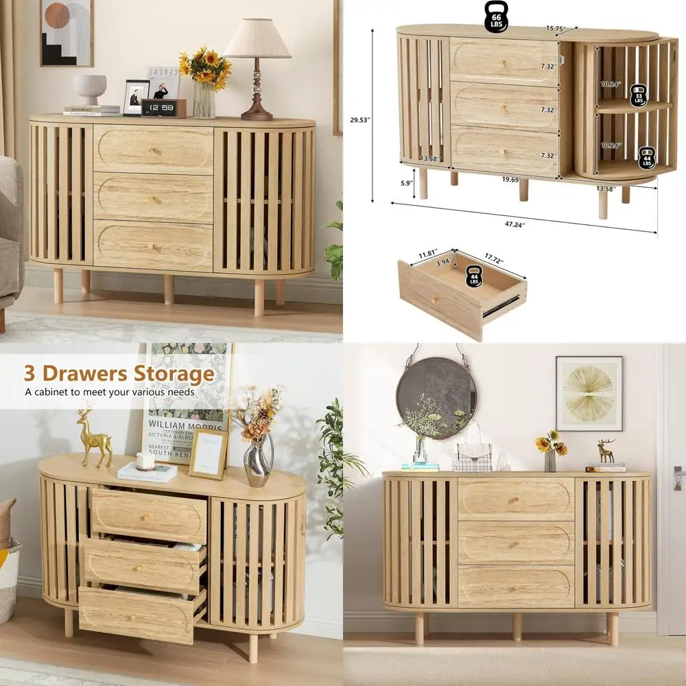 Modern 3-Drawer Wide Dresser with Fluted Design for Bedroom, Storage Chest, Wooden Dresser TV Stand, and Wood Closet Storage