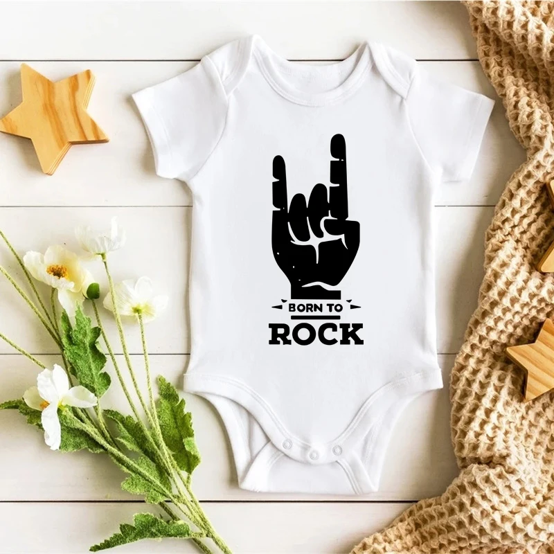 Born To Rock Baby Onesie Rock Hand Gesture Print Short Sleeve Cotton Infant Bodysuit Unisex Newborn Romper Cool Rock N Roll Baby