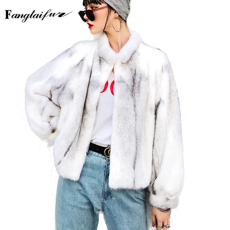Ftangaiur Winter Female Import Cross Velvet Mink Fur Coat Women Jacket Mandarin Collar Striped Short Natural Real Mink Fur Coats