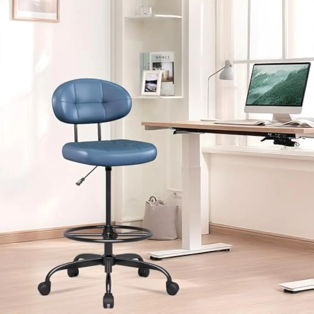 Ergonomic tall drafting chair with footrest ring, adjustable height mechanism, premium faux leather upholstery, square cushion d