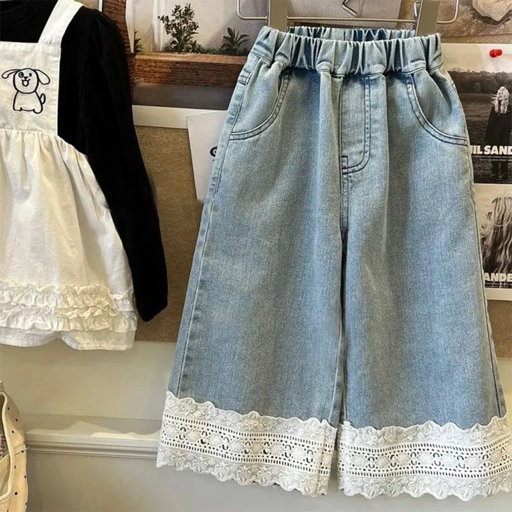 Korea Girls Straight Lace Jeans Summer New Children's Versatile Wide Leg Pants Sweet Casual Pants Fashion Girl Jeans Clothes