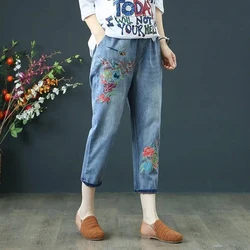 Women Jeans Pants Summer Vintage Floral Embroidery Casual High Waist Baggy Jeans Femme Light Blue Denim Harem Pants