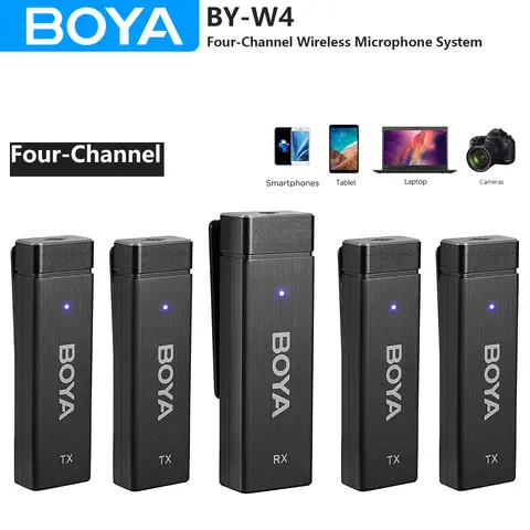 BOYA BY-W4 micrófono de solapa Lavalier inalámbrico de 4 canales para iPhone Android cámaras DSLR PC ordenador Youtube grabación Streaming
