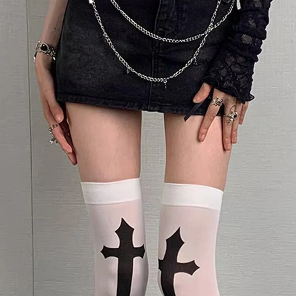 Harajuku Y2K White Sexy Subcultural Graffiti Punk Printed Long Socks Over Knee High Socks Y2K Cosplay Cute Fashion Women's Socks