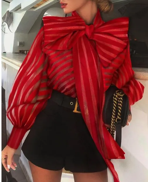 Women Striped Blouse Black Red Tops Long Lantern Sleeve Elegant Y2k Top Bow Mock Neck Slim Shirts Casual Blouses Spring Summer